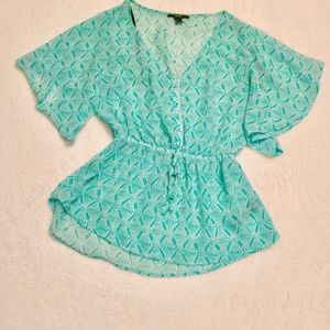 Teal White Blouse Top SMALL
